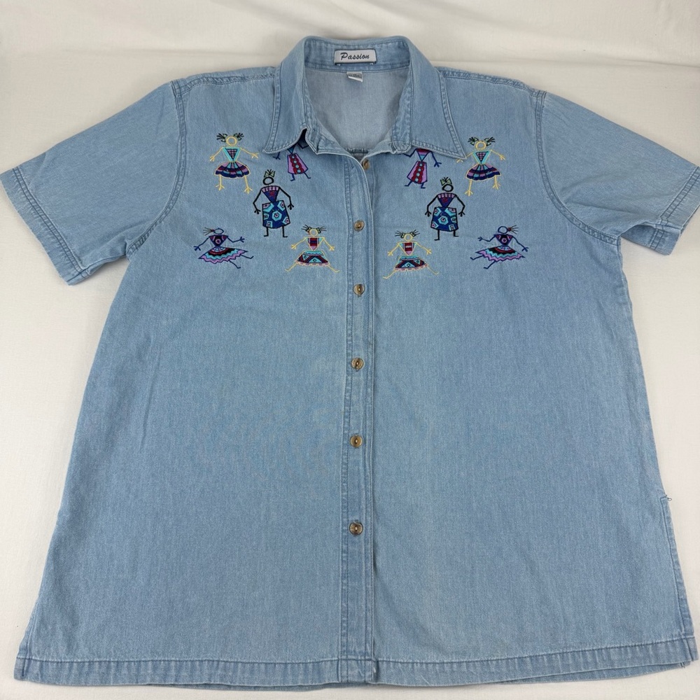 Vintage 90s PASSION Embroidered Denim Shirt‎ Women Colorful Southwest/Ethnic-XL